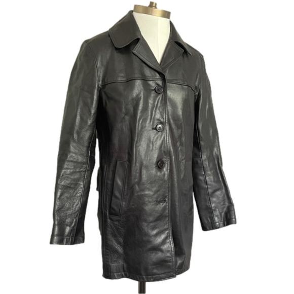 Vintage 90s Y2K Roots Black 100% Leather Straight Cut Mid Length Car Coat - 6/S - Picture 1 of 13